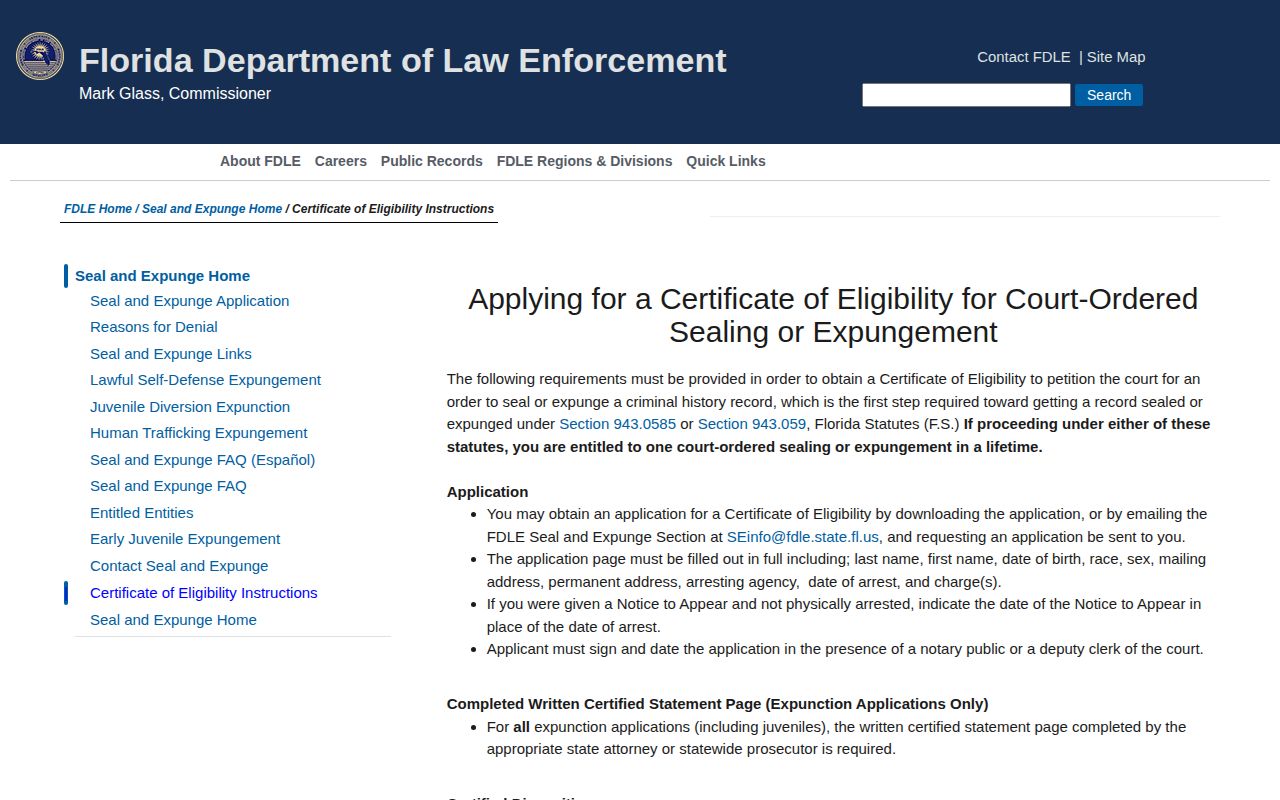 Florida FDLE instructions for Leon County arrest record sealing and expungement
