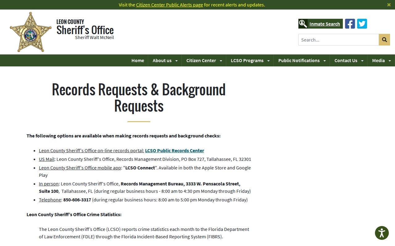 Leon County Sheriff's Office booking record and mugshot request route