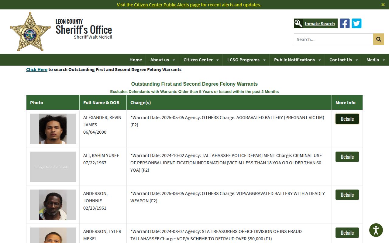 Leon County most wanted felony warrant list interface