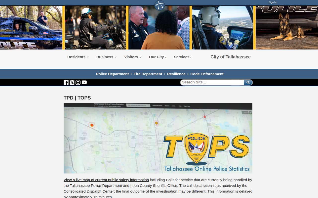 Tallahassee Police TOPS active calls interface, not a Leon County arrest or booking record