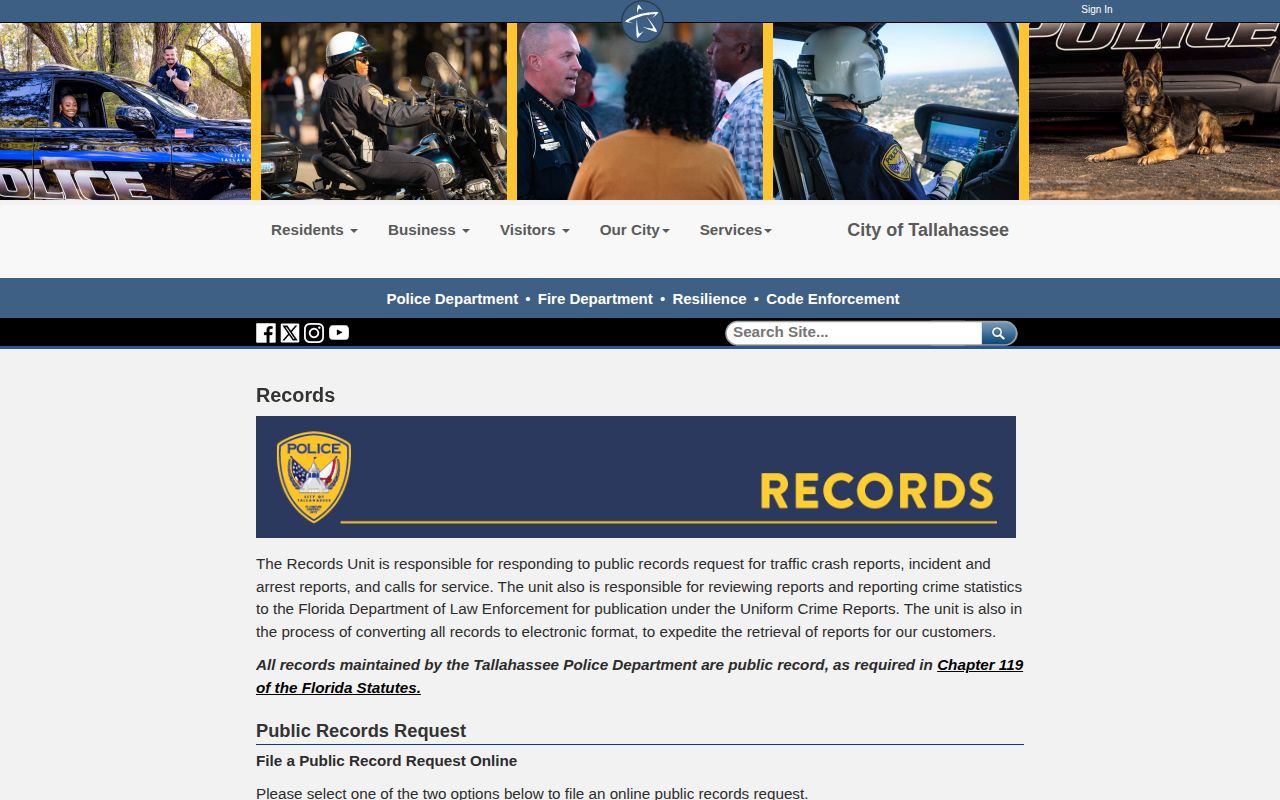 Tallahassee Police Department records division for city arrest record requests